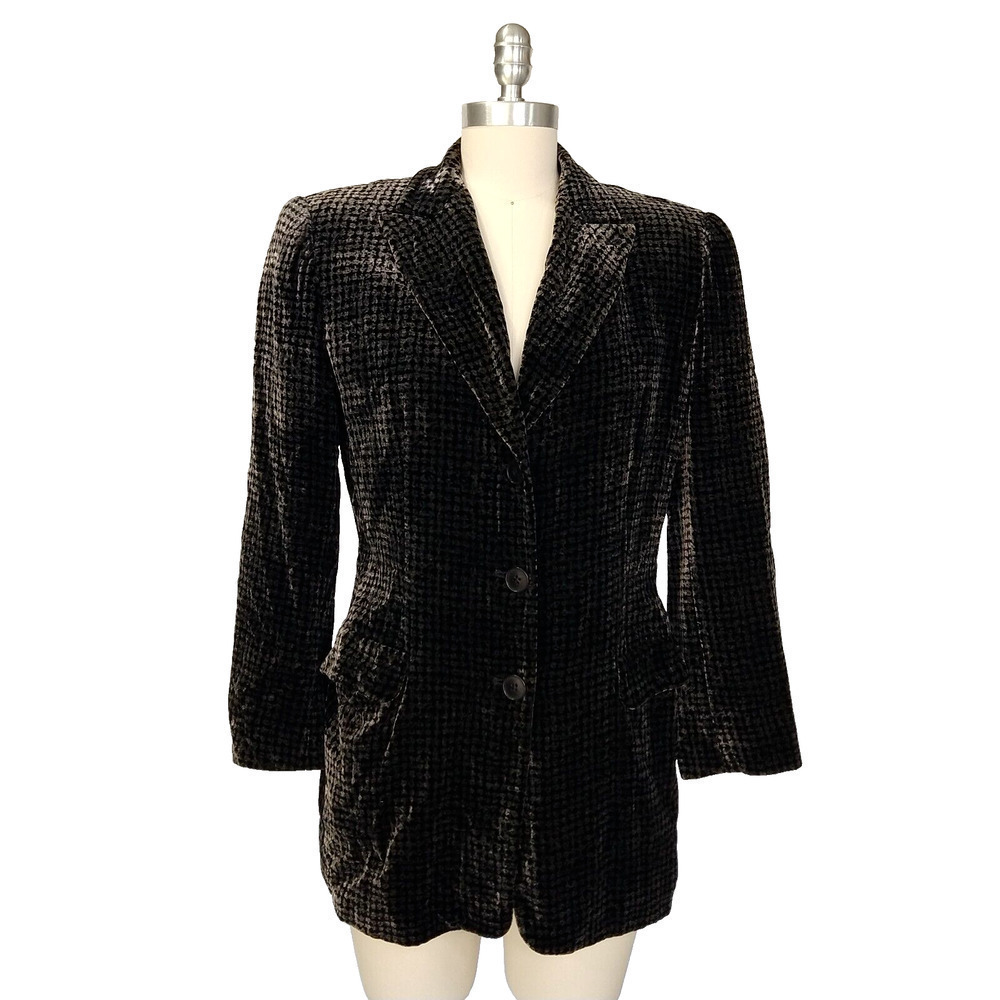 Vintage 90s Giorgio Armani Velvet Blazer Size 6 Houndstooth Jacket Menswear